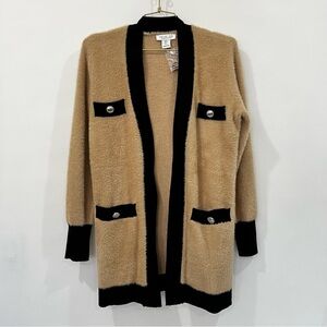 Rachel Zoe Eyelash Fuzzy Cardigan Size Small Camel Black Open Front Long Sweater